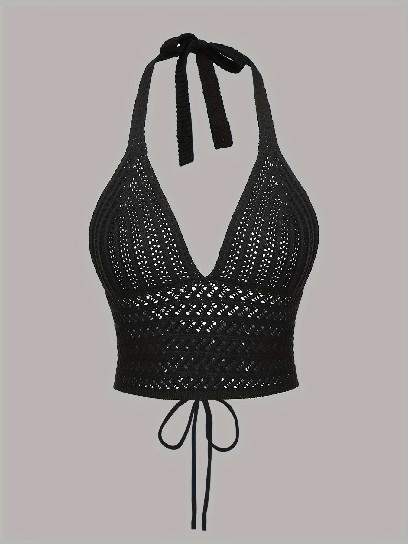 Solid Cross Tie Back Halter Top, Versatile V-neck Backless Crop Knitted Top, Women's Clothing